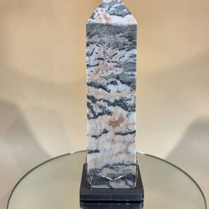 Natural Large (2.2 LB) Pink Zebra Jasper Obelisk On H.Made Resin/Bronze Display